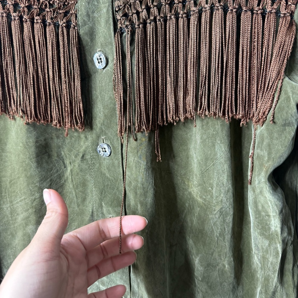 Vintage Cache Green Faux Suede Fringe Western Equestrian Button Blouse - Picture 3 of 8